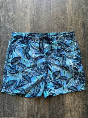 burnside Men's Teal and Navy Tropical Leaf Swim Trunks